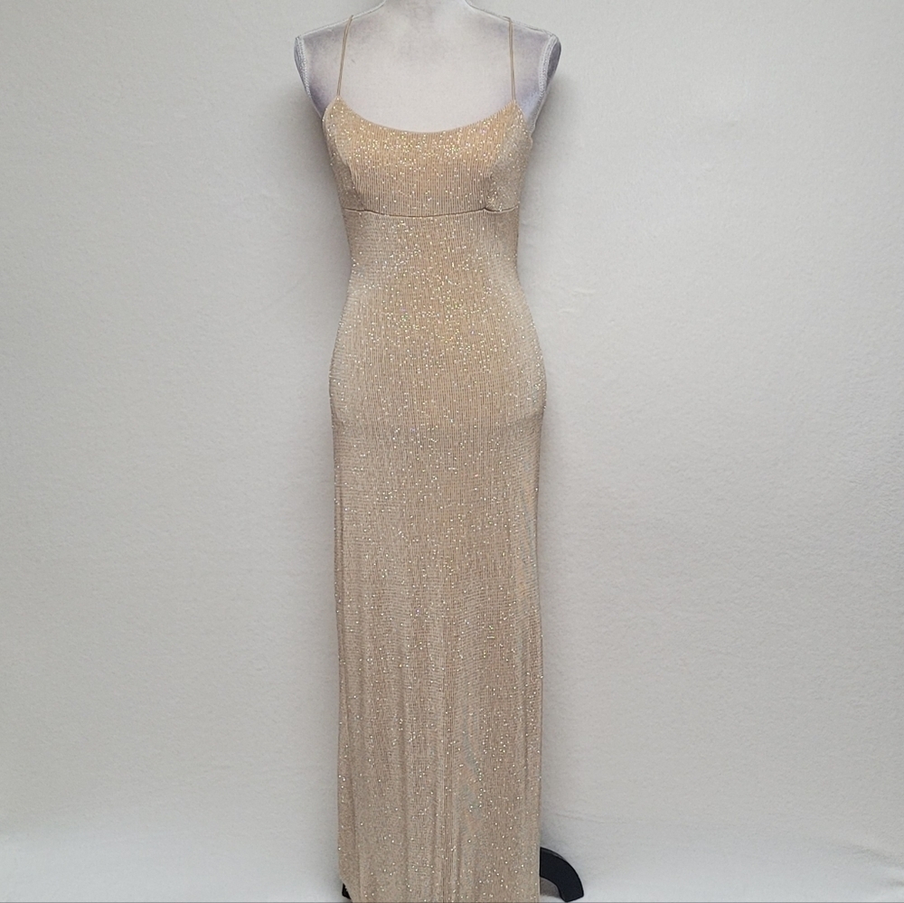 80s Vintage City Triangles Gold Metallic Knit Strappy Backless Slit Maxi Dress M - Picture 4 of 14